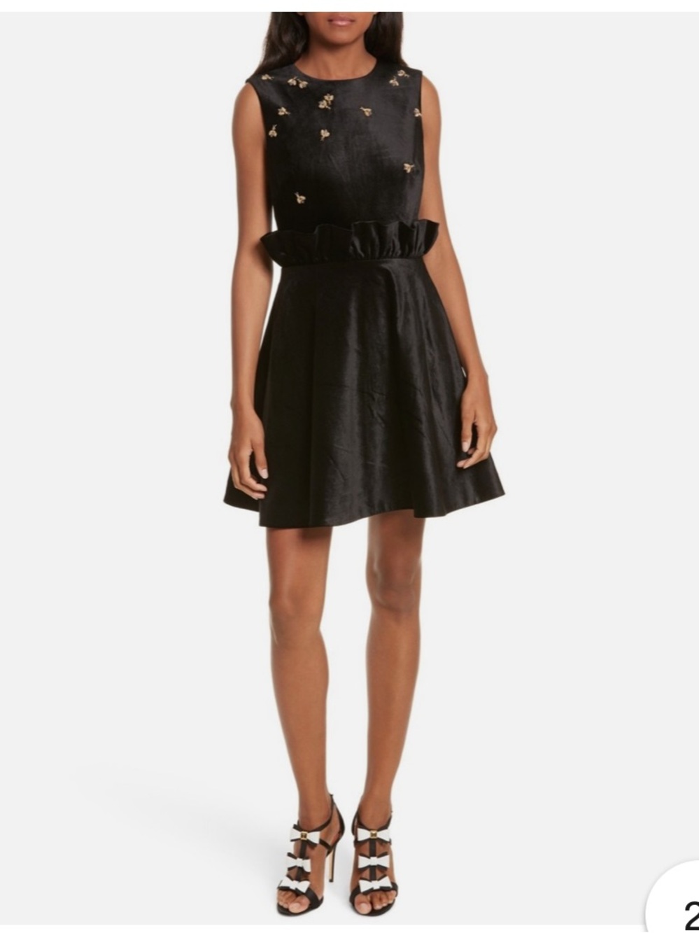 Ted Baker Celeena Queen Bee ruffle Black Velvet mini dress with Gold Hardware